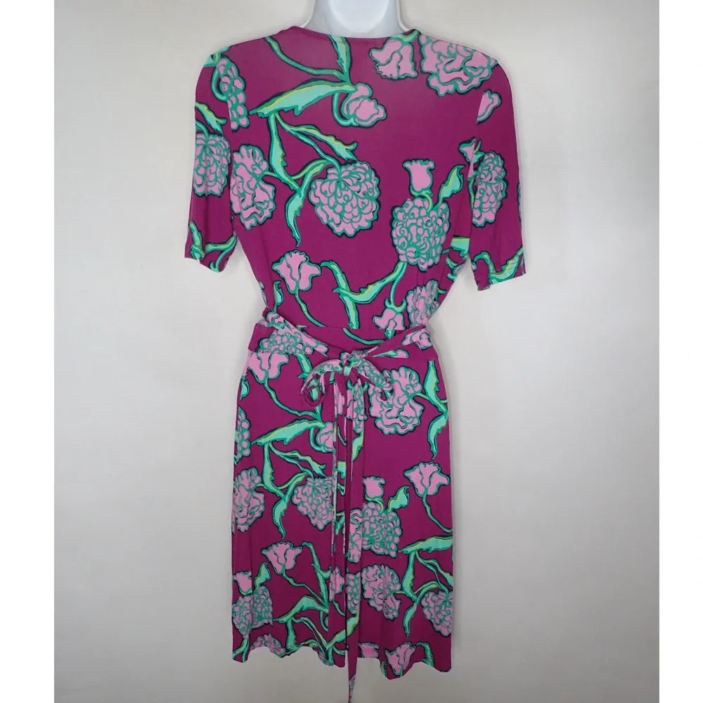 Lilly Pulitzer Womens Floral Faux Wrap Dress Pink Green V-Neck Short Sleeve XS